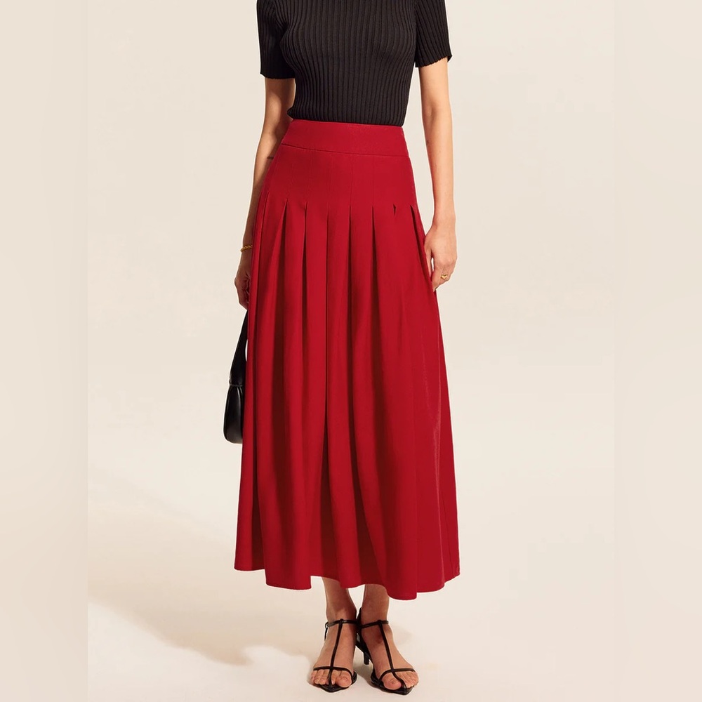 Commense Cotton & Linen Pleated Slit Skirt - Picture 4 of 13
